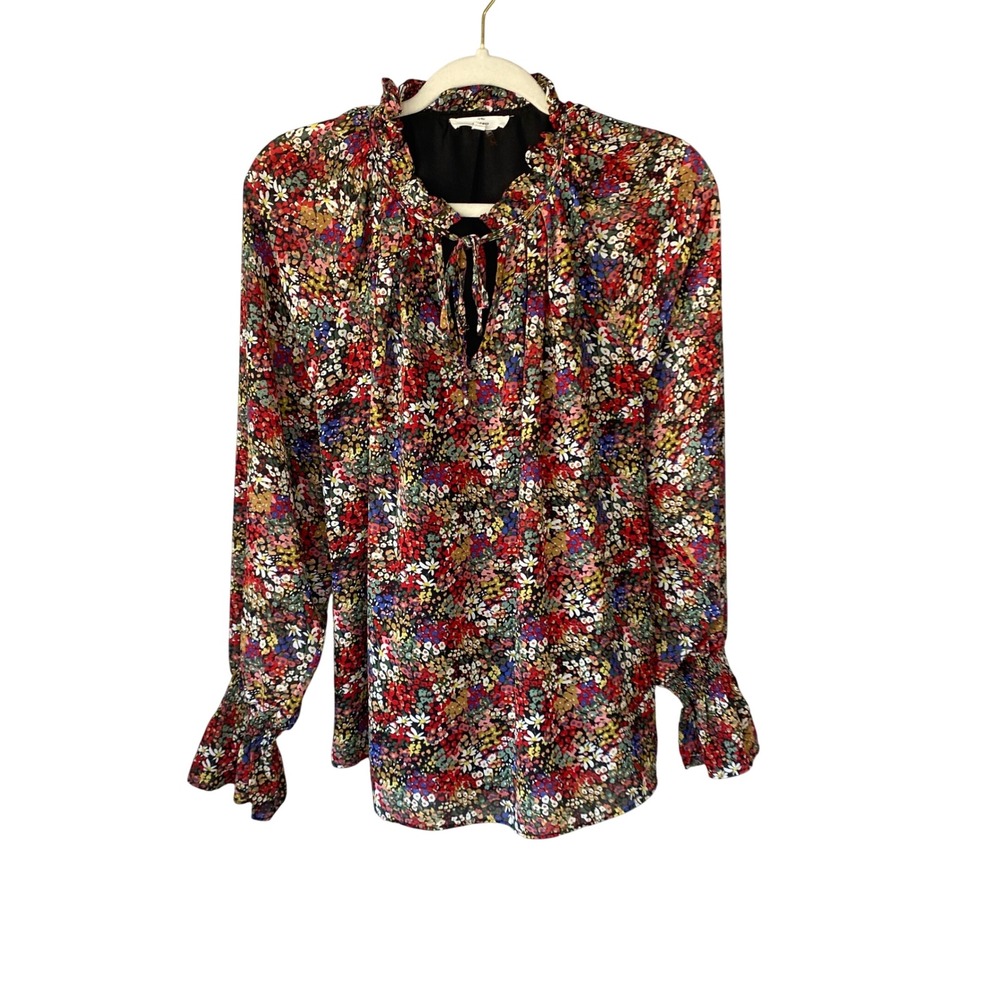 Entro Womens Floral Ruffle Neck Tie Front Long Sleeve Smocked Cuff Blouse Medium